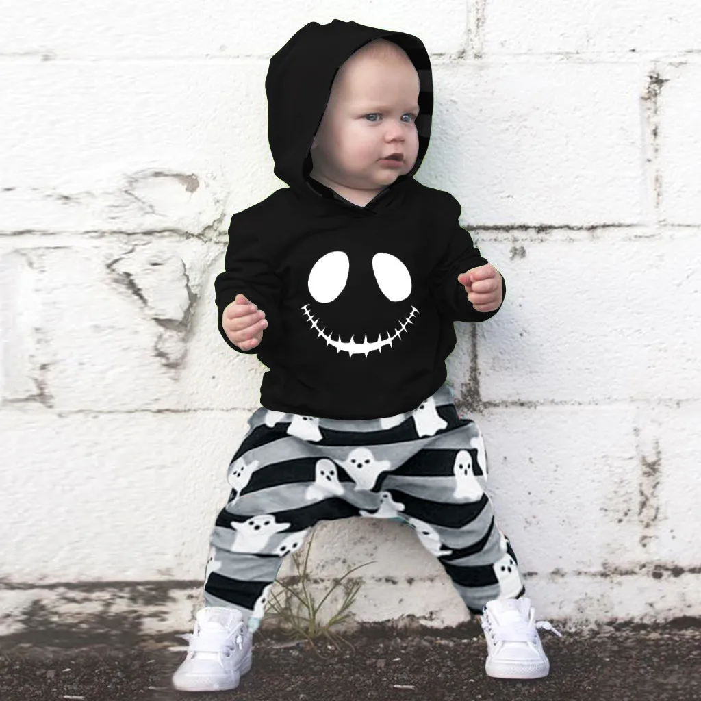 

Toddler Clothing For Baby Boys Halloween Cartoon Skull Hoodie Tops+striped Pants Set Autumn Winter Outfits Suit Newborn Clothes