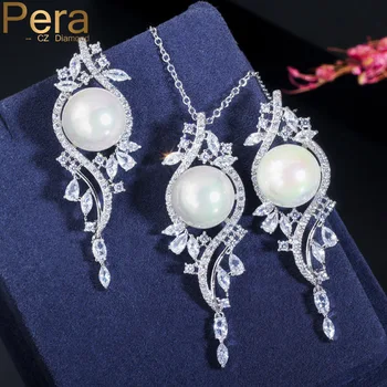 

Pera Gorgeous Big Round Simulated Pearl Long Earrings and Necklaces with White Cubic Zircon for Elegant Women Jewelry Sets J300