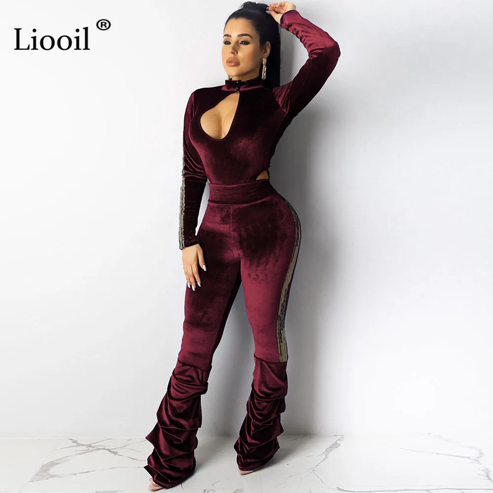 Liooil, сексуальный цельный бархатный Облегающий комбинезон с вырезами, женская одежда, длинный рукав, круглый вырез, Драпированный Плотный Комбинезон, комбинезон для вечеринки в клубе