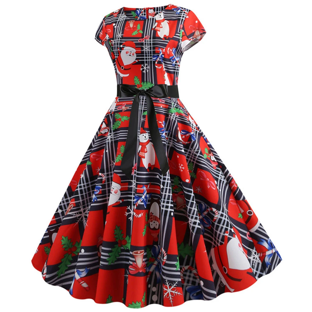 JAYCOSIN Elegant Women Christmas Dress Autumn Santa Claus Plaid Print Vintage Xmas Party Midi Dresses Plus Size Vestidos 918