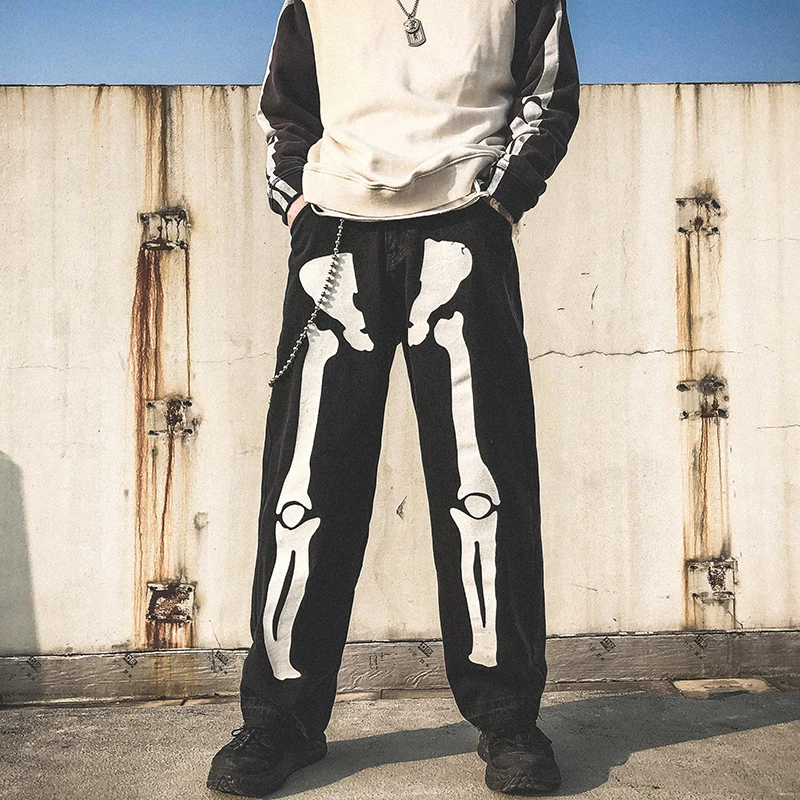 Men Skeleton Oversized Black Jeans 