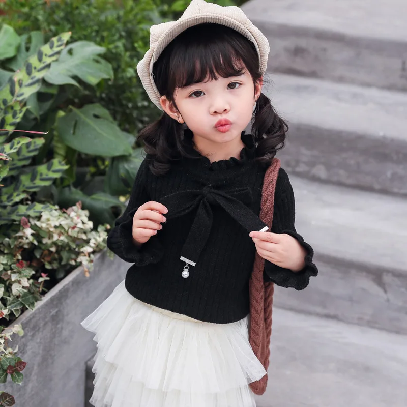 

Girls Base Sweater Pullover 2019 New Style Baby Western Style Autumn And Winter Bow High Collar Sweater Three Buckles