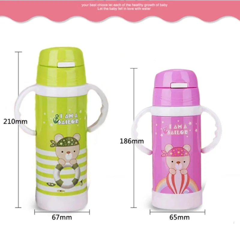 Eco-Friendly 500ML Baby's Vacuum Water Bottle handgrip Children Powdered Milk Thermals cup Stainless steel straw Thermos Flasks