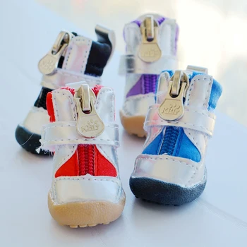 

Zipper Non-slip Botton Pet Dog Shoes For Teddy Bichon Chihuahua Puppies PU Bulldog Boots Waterproof Spring And Autumn 4pcs/set