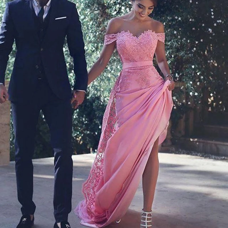Sexy Off Shoulder Mermaid Prom Dresses Romantic Pink Lace Applique Party Evening Gowns With Satin Belt vestido de fiesta de gala