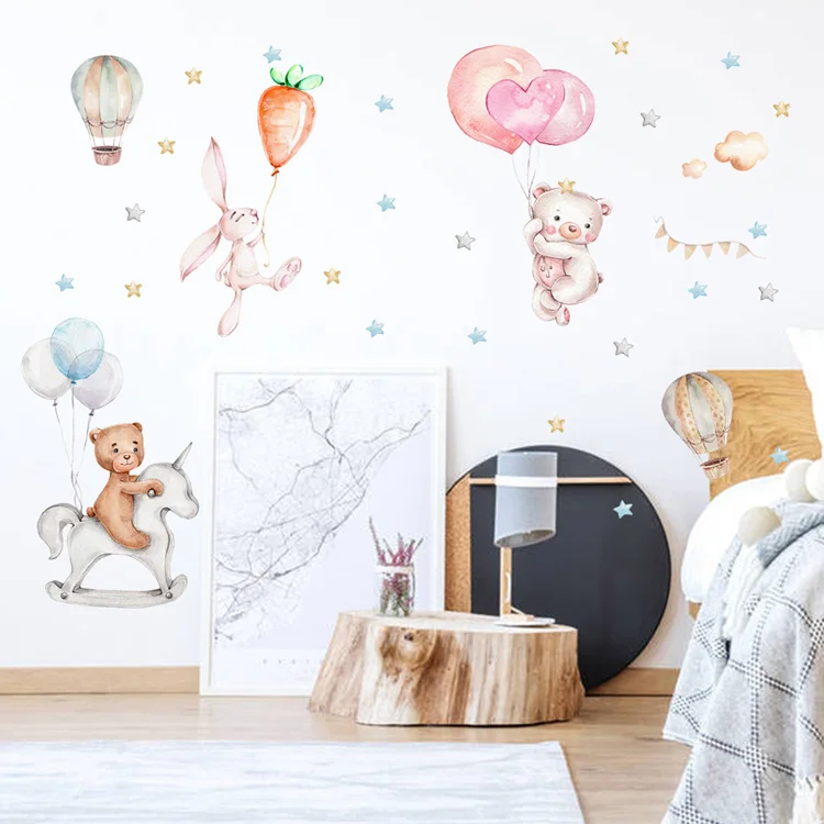 Cartoon-Ballon-Stern-Häschen-Bär-Wandaufkleber Kinderzimmer-Tapete Baby-Schlafzimmer Wohnzimmer-Dekoration Niedliche Tier-Hausaufkleber – Detail 2
