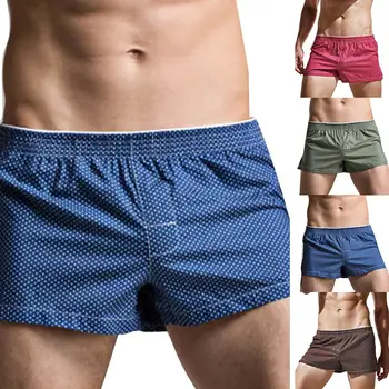 

Men Solid Color Polka Dot Print Elastic Waistband Cotton Boxers Panties Sleepwear Boxing Shorts Loose Home Pants Nightwear