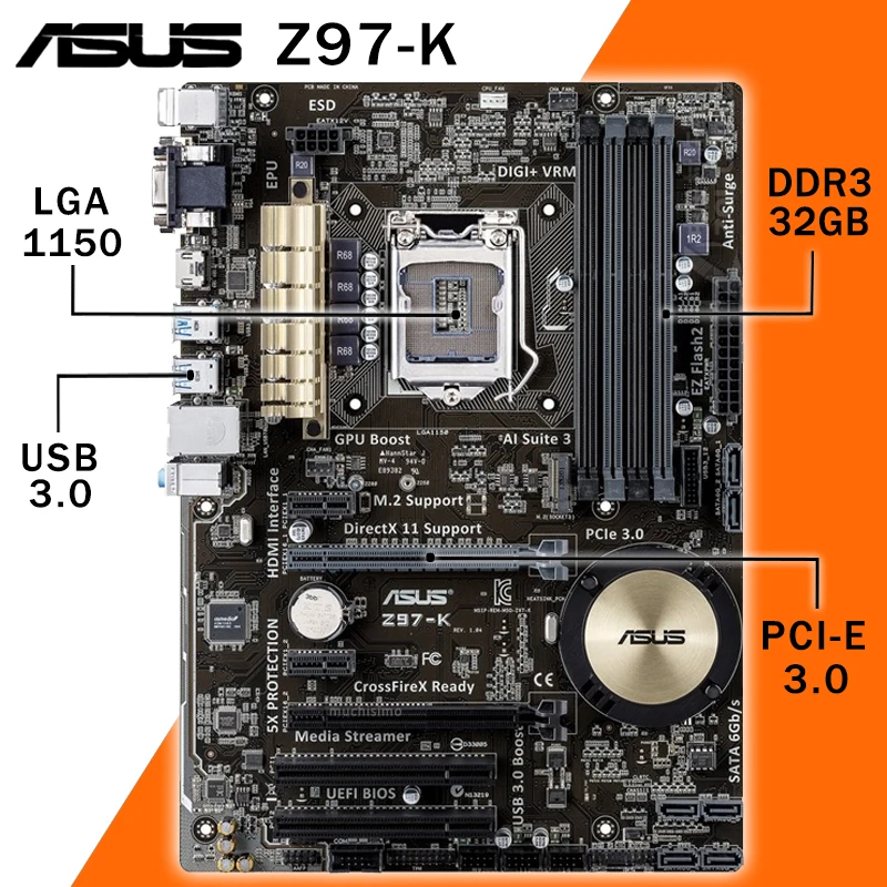 Материнская плата Asus 1150 Z97-K LGA Core i7/i5/i3 DDR3 3000(OC) МГц M.2 SSD VGA DVI Intel Z97 Игровая ATX б/у |