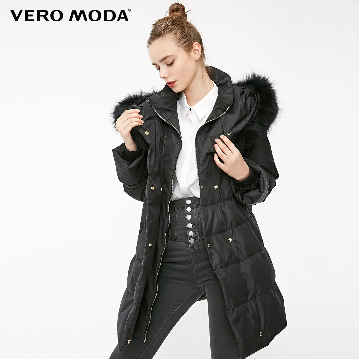 Vero Moda женский съемный воротник из меха енота большой шнурок Высокий воротник вниз Куртка парка пальто | 318412540 - Цвет: Black