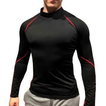Chemise de Compression à manches longues pour hommes, T-shirt de Sport solide à col haut, à séchage rapide, de Gym 1