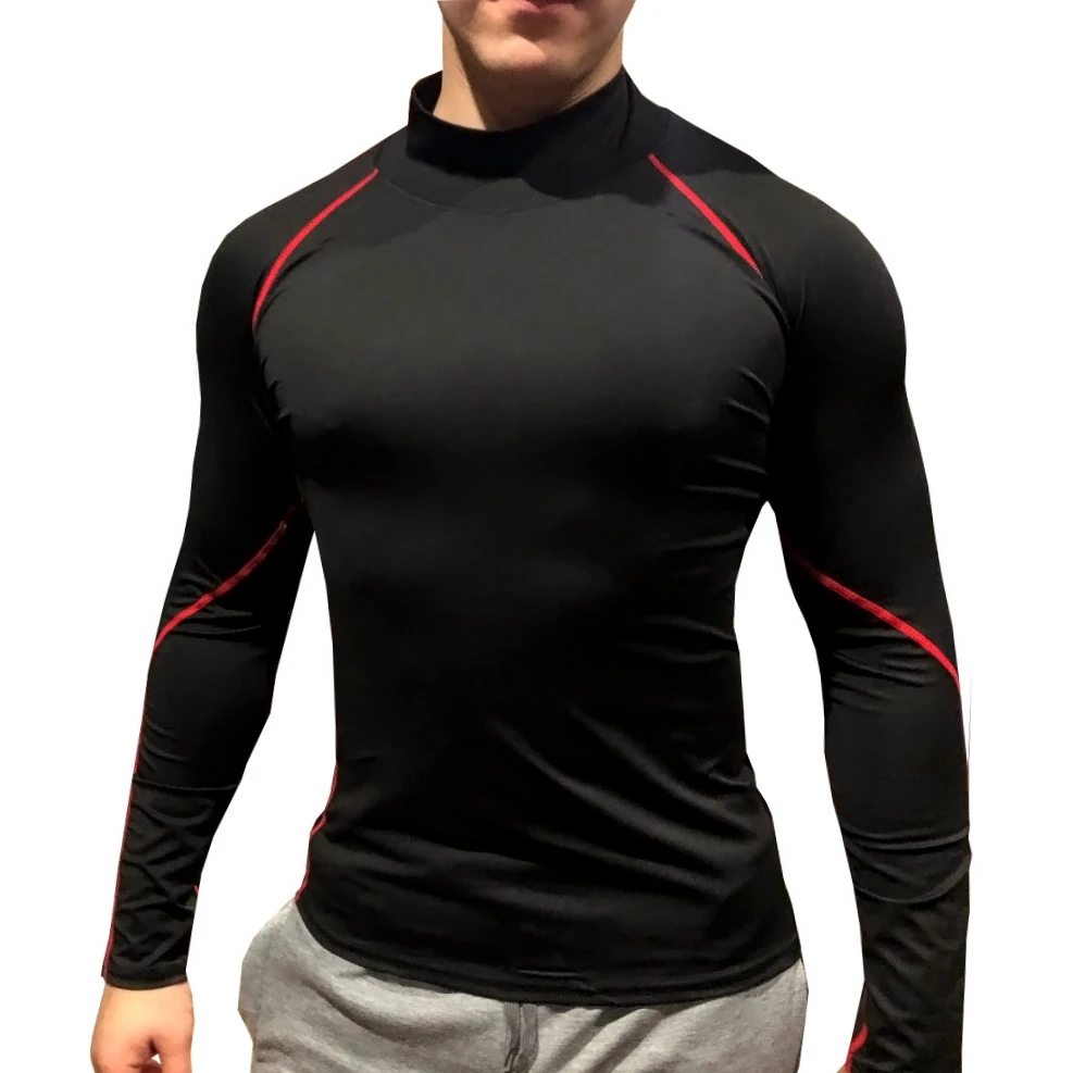 Fitness Compression Shirt Men High Collar Solid Sport T shirt Quick Dry