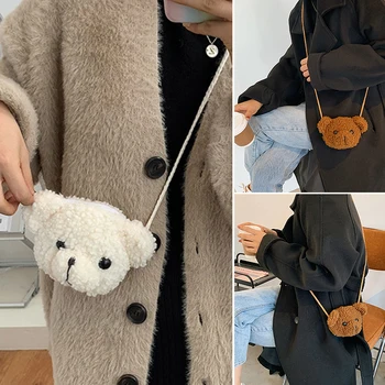 귀여운 곰 디자인 소프트 플러시 핸드백 여성용, 디자이너 미니 메신저 숄더백, 미소 곰 디자인, 크로스 바디백