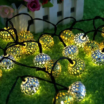 

Christmas Holiday Decoration Lights Crystal Ball Moroccan Hollowed-out Spherical Solar Light String Halloween 20 Gold/silver LED