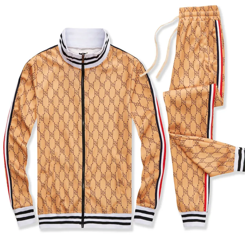 

New Men Sets Gentlemen Flower lattice Tracksuit Set Male Sweatshirt Sweatpants Multi-pocket Fashion Trousers High Street Jackets