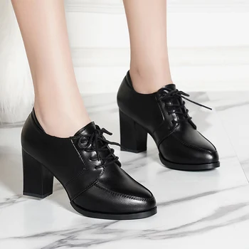 

Rimocy 2020 New Solid Black PU Leather Pumps Women Autumn Fashion High Heeled Office Shoes Woman Square Heel Lace Up Shoes Mujer