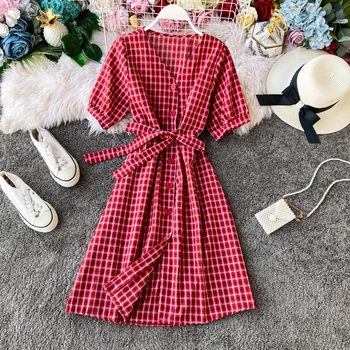 

Summer Ladies Dress 2020 Vintage Plaid Women High Waist V-Neck Dress Short Sleeveless Knee-Length A-Line Female Fashion Dress