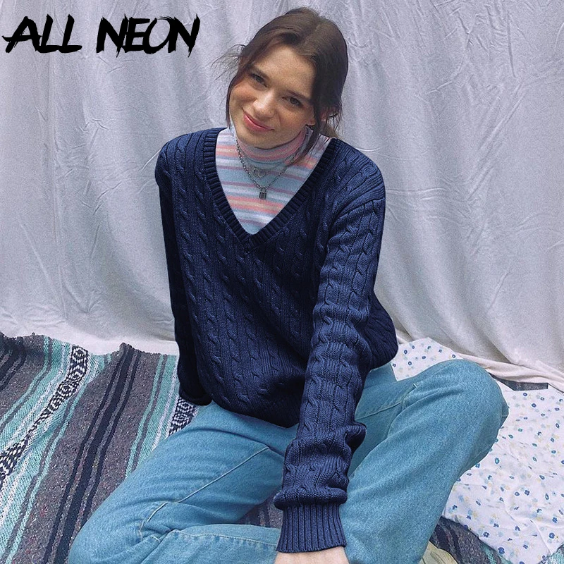 

ALLNeon Harajuku 90s Solid Cable Knitted Pullovers Y2K Fashion V-neck Long Sleeve Sweaters Indie Aesthetics Autumn Pullovers