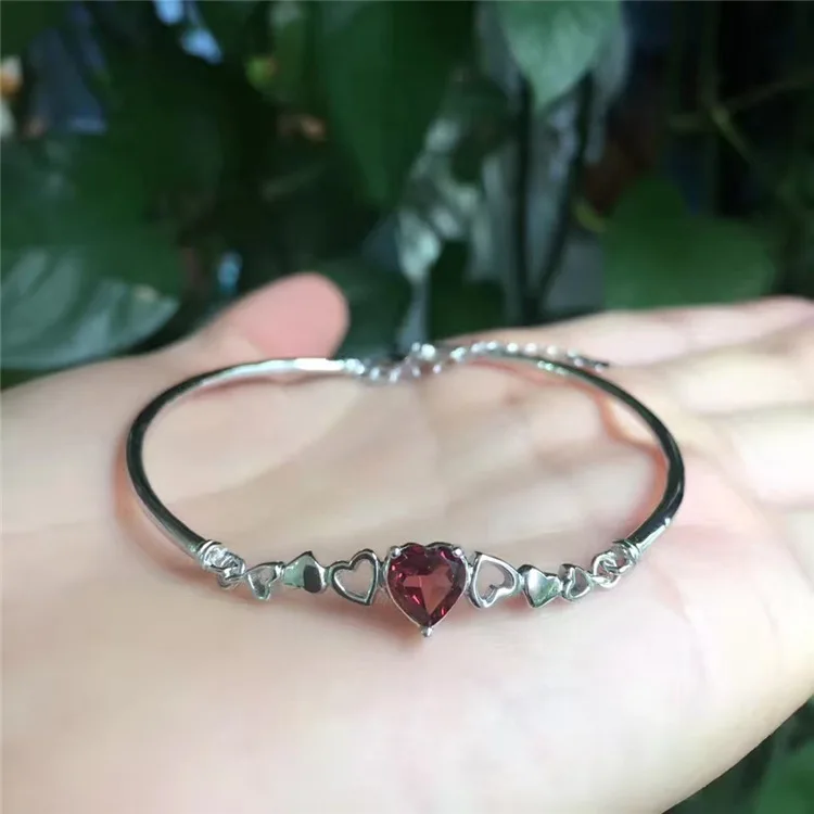 Wanglong, 925 пробы, серебро, натуральный, GemstoneHeart, форма d, гранат, браслет в форме сердца, 6 мм, для женщин, ювелирные изделия
