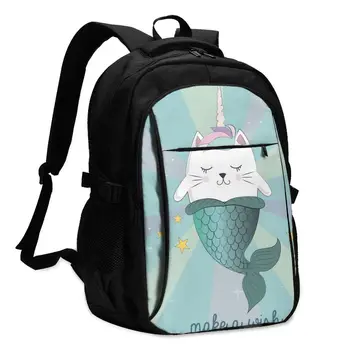 

Backpack USB Charge Women Fun Magic Unicorn And Mermaid Cat Student Backpack Letters Print School Bag Teenager Girls Backpack