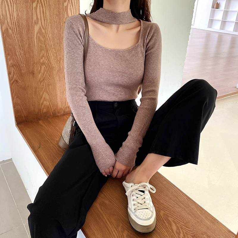 

2022 Spring Slim T-shirts Women Halter Top Casual Long Sleeve Primer Shirt Female Square Collar Stretch Knitwear Ribbed Tees