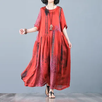 

Women's 2020 Summer New Style Silk Half Sleeve Dress Retro Loose-Fit Print Waistcoat Two-Piece Ethnic-Style Dress Oversize