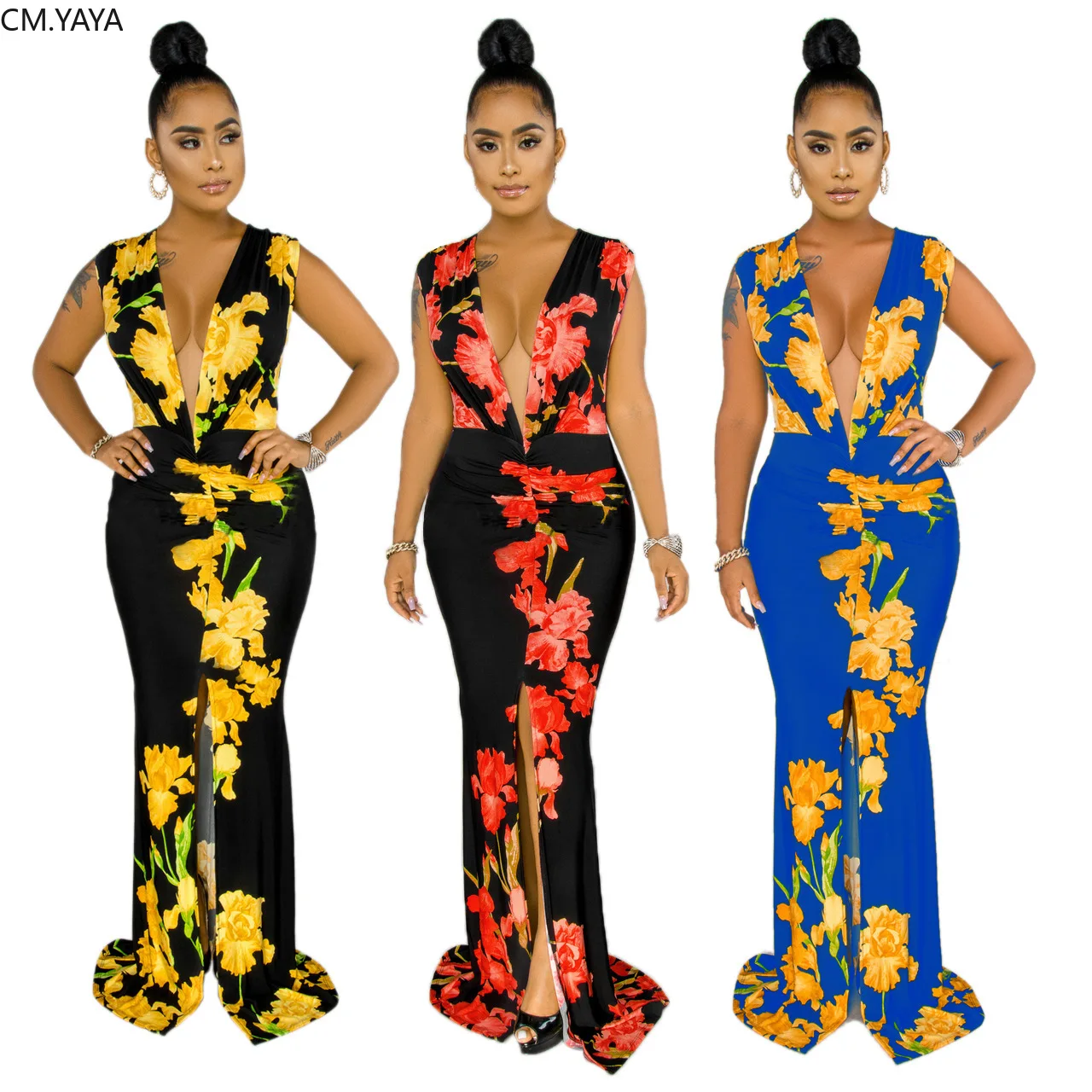 CM.YAYA Women Summer Floral Print Deep V-neck Sleeveless High Split Mermaid Maxi Dress Sexy Night Club Long Party Dresses | Женская