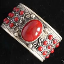 Красивые тибетские серебряные красные коралловые браслеты-манжеты