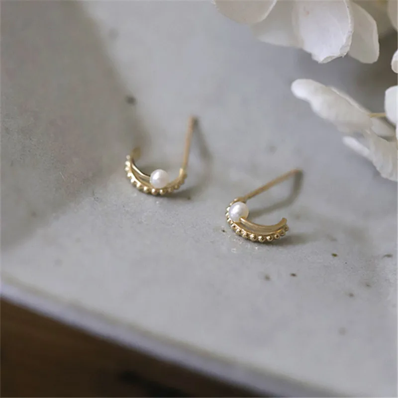 925 Sterling Silver Korea Simple Double Half Circle Small Pearl Stud Earrings Women 14k Gold Plating Jewelry Gift - Image 4