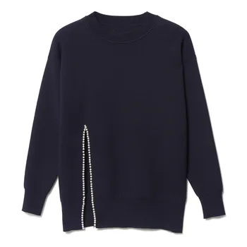 

Fashion 2019 Autumn Winter Women knitted sweater O neck pullover long sleeve knitwear ladies beaded slide split sweater tops