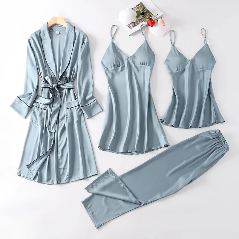Ice Silk сексуальные 4 шт женские пижамы V свинец Спагетти ремень с кардиган на поясе брюки набор пижамы - Цвет: blue grey