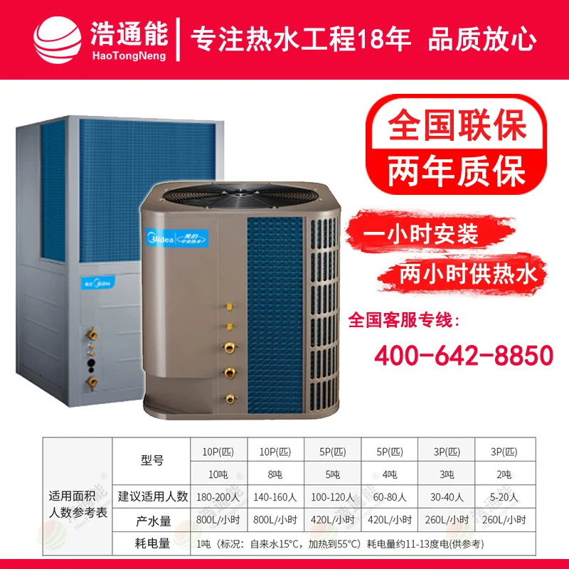 

Midea air source heat pump 10P can heat 10 tons of water to 55 degrees per day for large water consumption sites