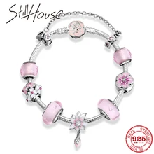 Подарок на день Святого Валентина, 925 пробы, серебряные, розовые цветы, стеклянные бусины, Женские аксессуары, модное ювелирное изделие, подарок для пары