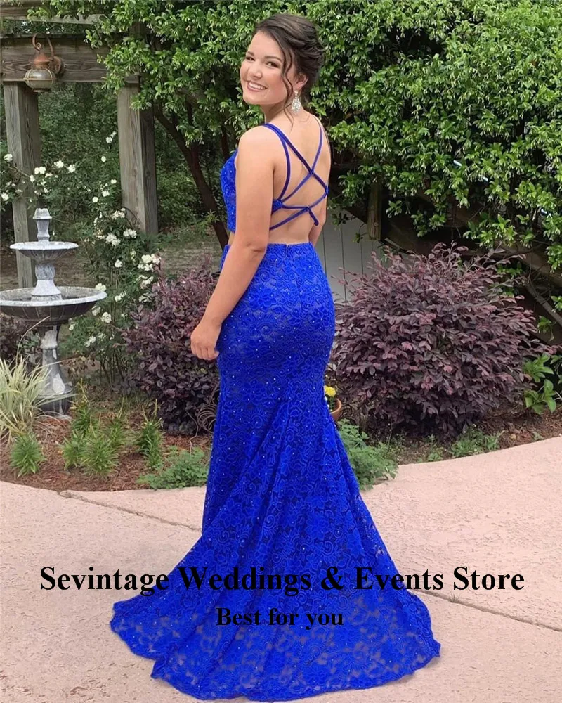 Sevintage vestido de fiesta, 2 предмета, кружевное, с кристаллами, длинное платье для выпускного вечера, Mermai, с открытой спиной, Королевский синий цвет, вечерние платья