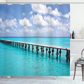 

Wooden Bridge Decor Collection, Duck in Clear Empty Ocean and Sunny Day Tropical Seascape Pattern, Polyester Fabric Bathroom