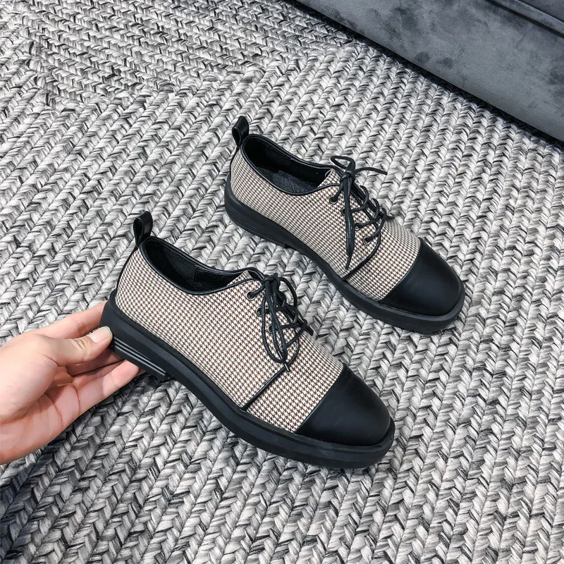 

Shoe Women's 2020 New Style Versatile British-Style Shoes Online Celebrity Graceful WOMEN'S Shoes Plaid Lace-up Casual Small Lea