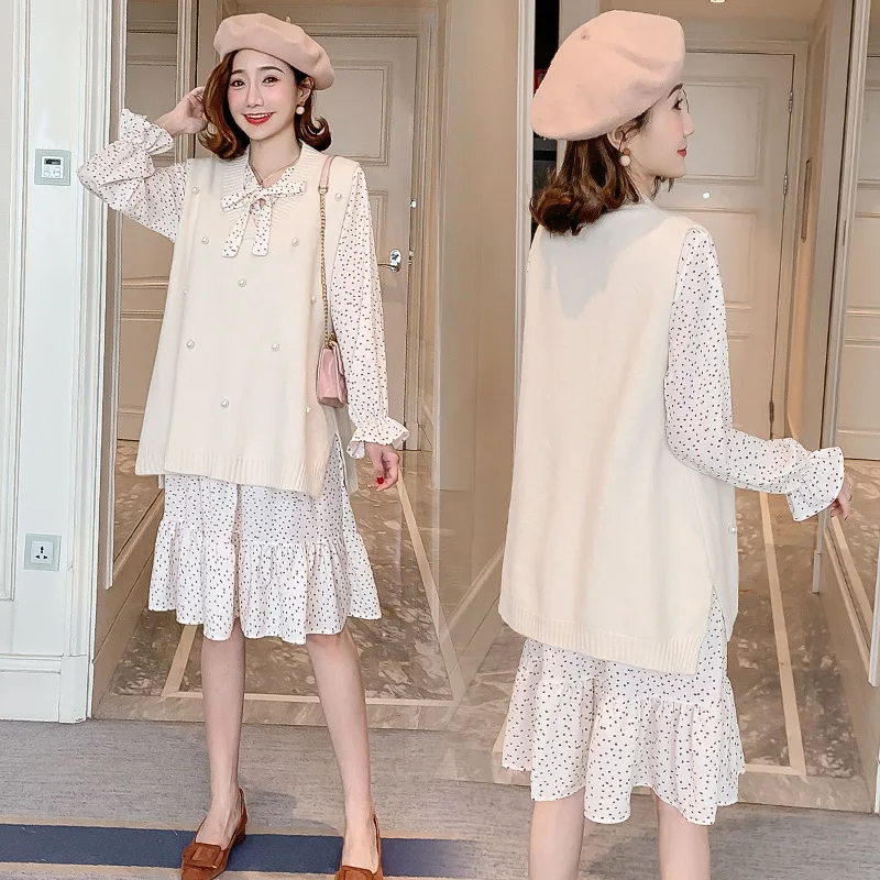 

Pregnant Women Fall And Winter Clothes Dress Two-Piece Set Mid-length Chiffon Printed One-piece Dress Knitted Vest Vest Set