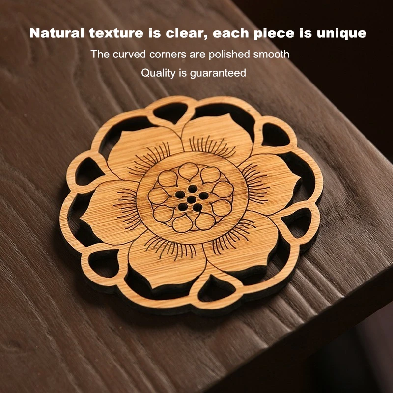 6 Pcs Round Bamboo Coffee Coaster Set Anti-slip Mat Table Decoration Accessories Flowers Cup Pad Hollow Carving Handmade Wooden