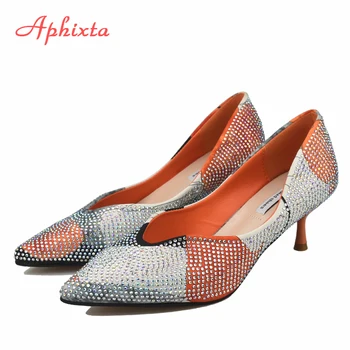 

Aphixta 2019 New Crystal 5cm Heels Women Pumps Pointed Toe Thin Heels Official Woman Dress Weeding Shoes Bling Elegant Pumps