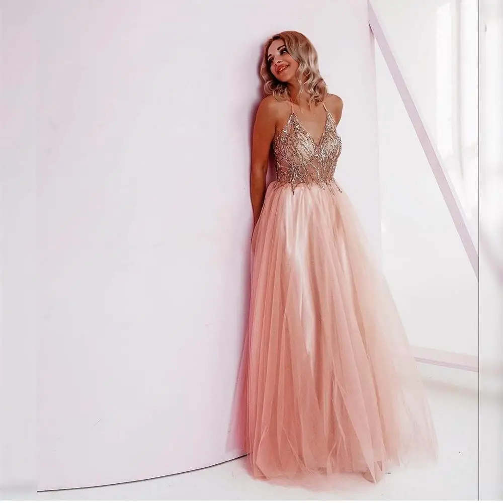 

Evening Dress 2020 Pink A-Line Luxury Coral Sleeveless Sexy V-Neck Formal Gown Squins Party Gowns Floor Length Elegant