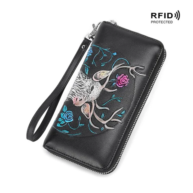 Западный женский кошелек из кожи с цветочным принтом и лосем, Rfid, модный многофункциональный длинный женский кошелек на молнии, Рождественский подарок
