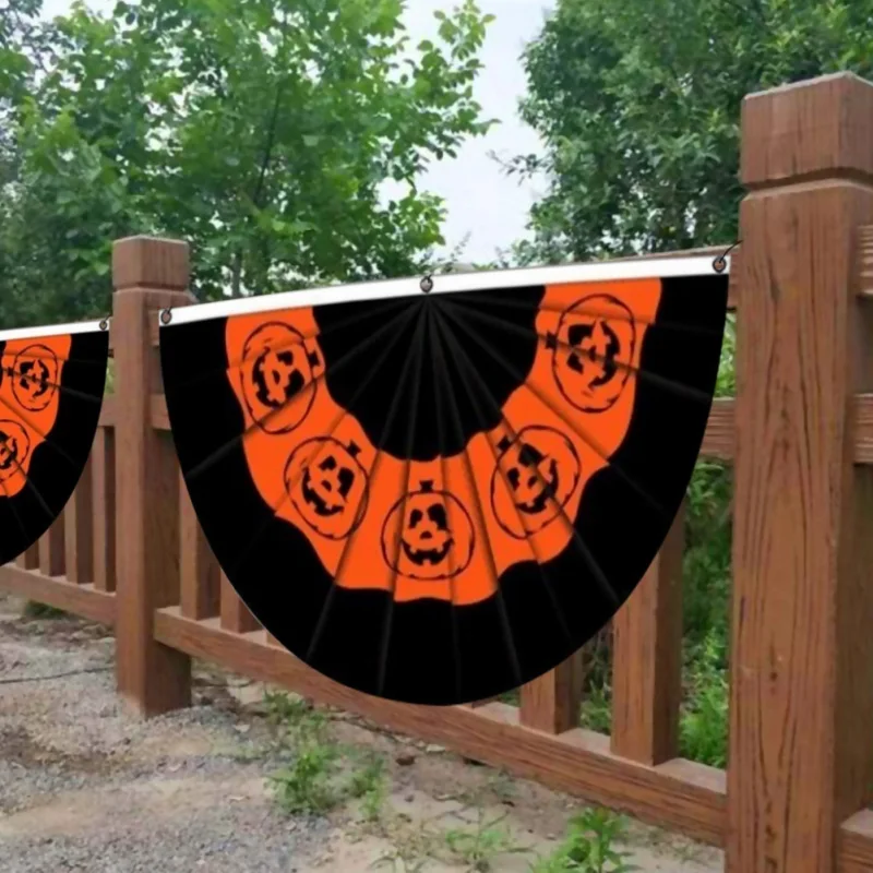 

Semicircular Halloween Flag Polyester Pumpkin Printed Pleated Fan Banner With Metal Grommets