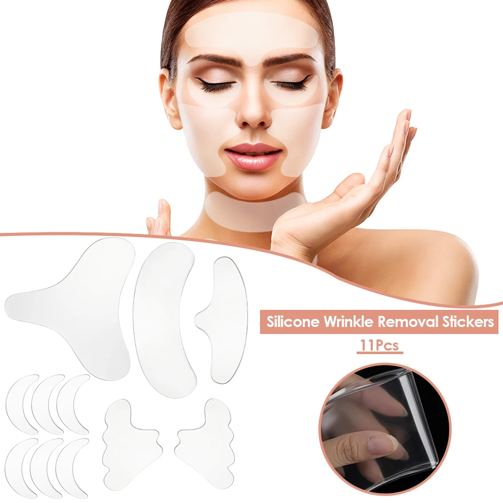 Reusable silicone wrinkle removal stickers applied on face, showcasing their effectiveness in smoothing out forehead and under-eye wrinkles.