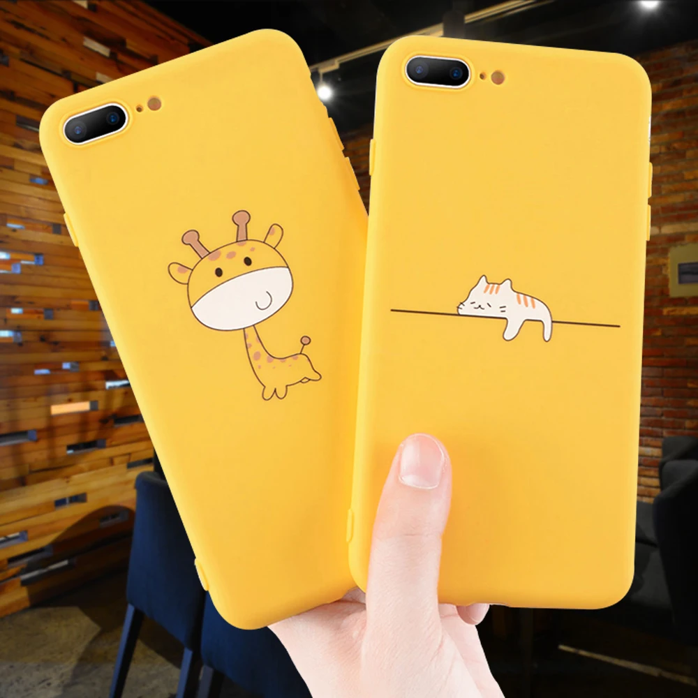 Желтый чехол для телефона с изображением жирафа кота iPhone 11 X XS Max XR мягкий