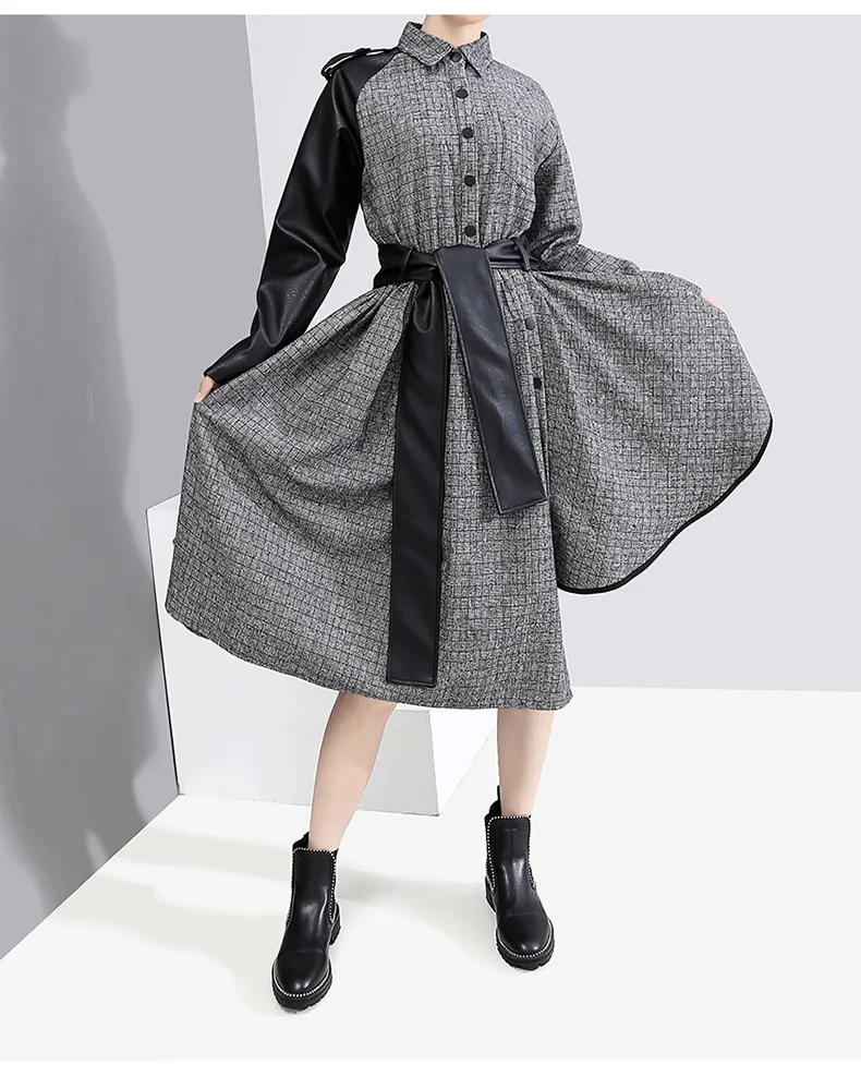 [EAM] женское серое кожаное асимметричное платье в клетку, новинка, с отворотами, с длинным рукавом, свободный крой, модный стиль, весна-осень, 19A-a802