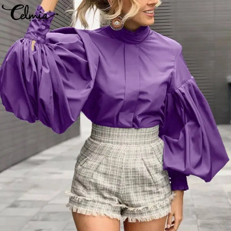 

Celmia Fashion Tops Women Lantern Sleeve Blouses 2021 Spring Office Shirts Stand Collar Work Party Blusas Casual Loose Solid Top