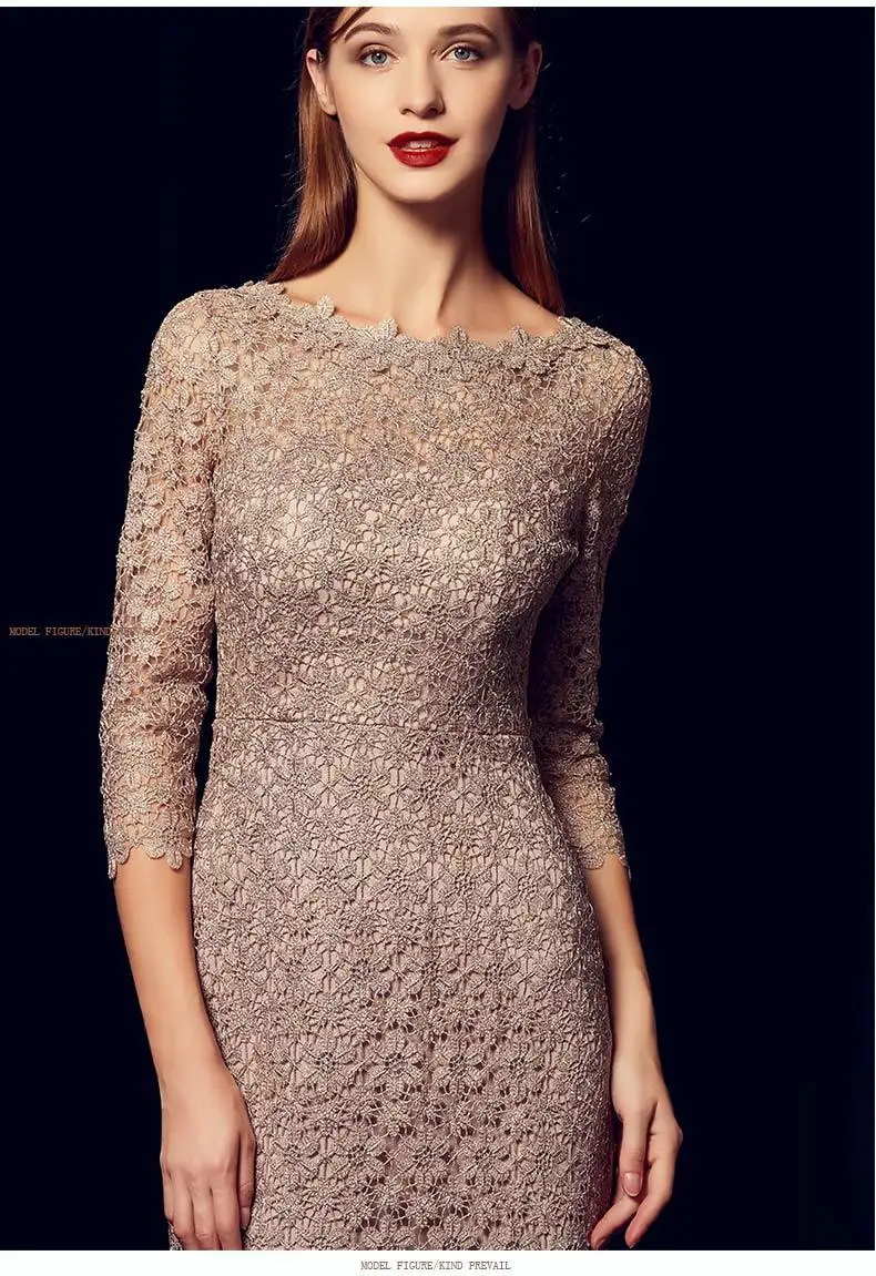 BacklakeGirls Vintage Scopp Neck Lace Mother Of The Bride Dress Three Quarter Sleeves Zipper Back Cut Out Mom Dresses