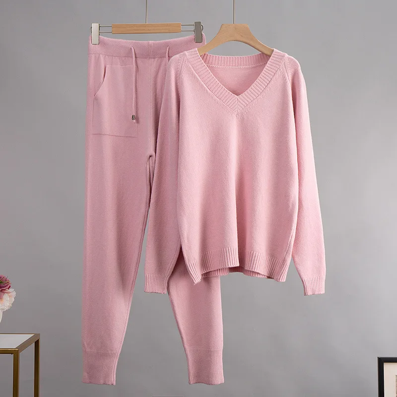 HLBCBG Cashmere Knitted Sets Women 2022 New Loose V Neck Sweater & Carrot Pant 2 Pieces Female Outfit Tracksuits Harem Pants 6