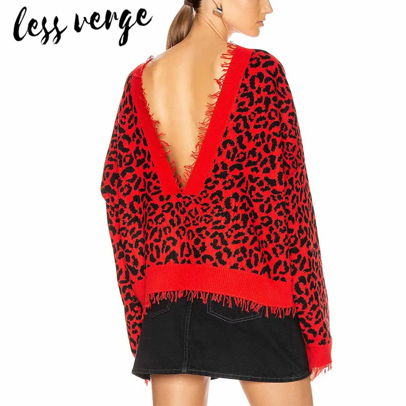 

Lessverge Sexy backless red leopard print sweater Women tassel fringe autumn winter pullover Female party long sleeve jumper