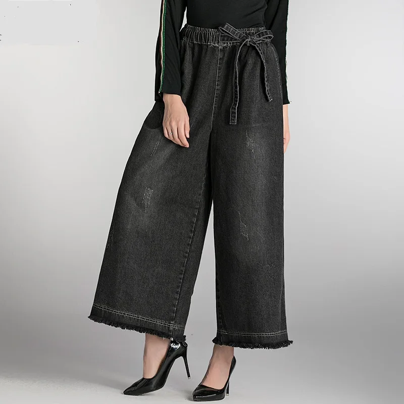 Женские новые осенние и зимние размера плюс berif и стильные тонкие заусенцы завязанные полосы свободные джинсовые широкие брюки