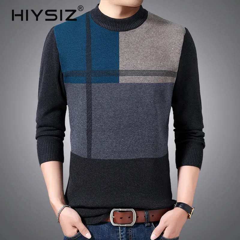 HIYSIZ Brand 2019 Casual plaid knitted casual mensweater men pullover warm striped sweaters winter H3015 4